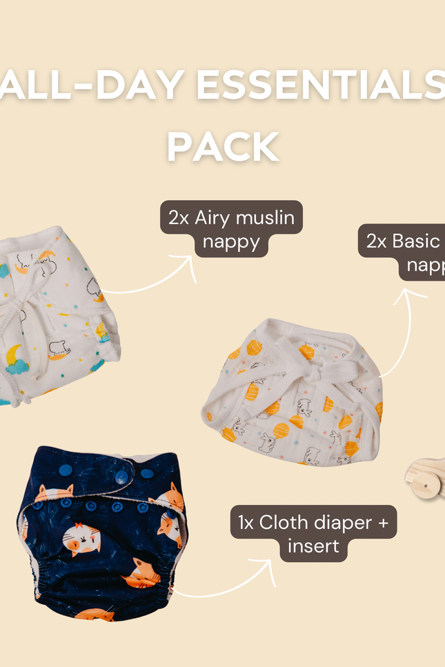 EcoNappy All-Day Essentials Pack, featuring a mix of muslin and cotton nappies for diaper-free time, plus a highly absorbent cloth diaper perfect for naps and outings. Designed for comfort, rash prevention, and sustainability for babies 0-3 years.