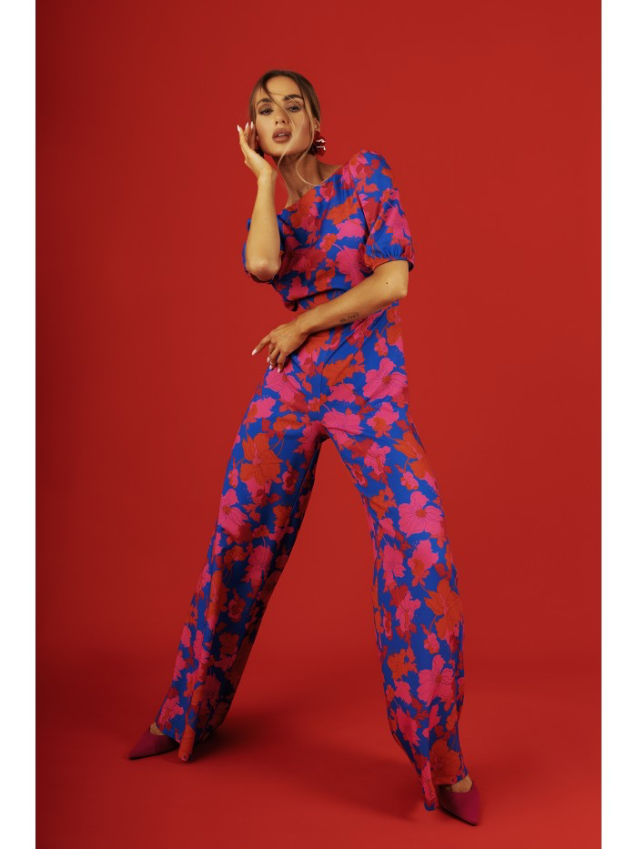 Floral Puff Sleeve Jumpsuit – Elegant Wide Leg Romper with Back Cut-Out