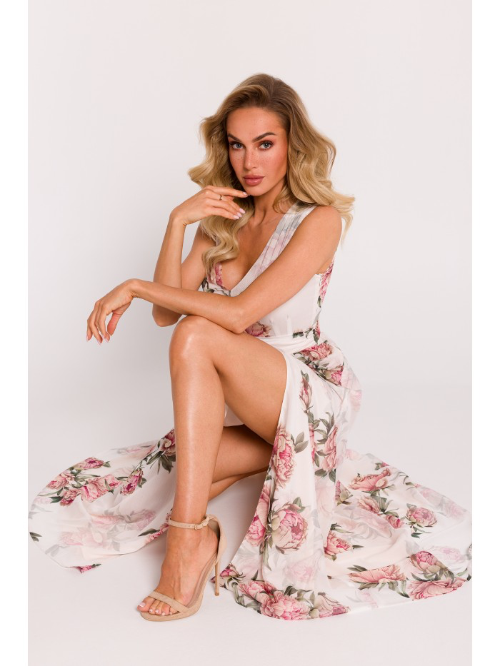 Floral Chiffon Maxi Dress with Slit: Bridesmaid V-Neck Gown