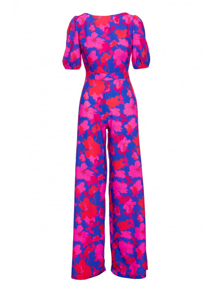 Floral Puff Sleeve Jumpsuit – Elegant Wide Leg Romper with Back Cut-Out