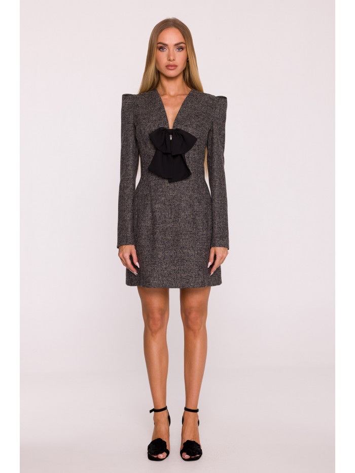 Elegant Pink Tweed Mini Dress with Black Bow – Structured Long Sleeve Evening Dress