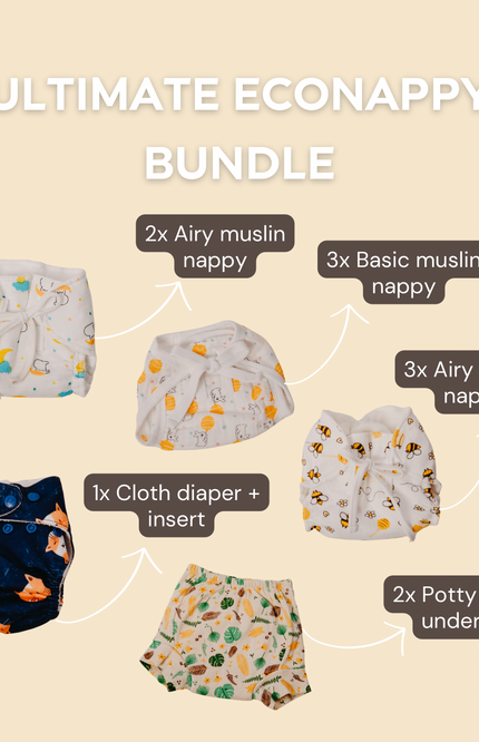 Overview of the Ultimate EcoNappy Bundle showing 5 types of reusable diapers and potty training underwear on a beige background.