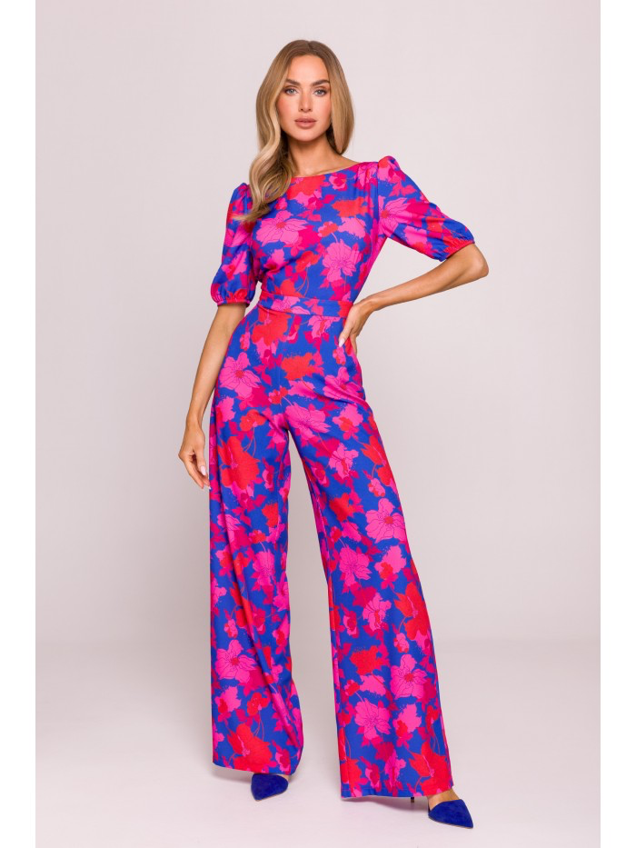 Floral Puff Sleeve Jumpsuit – Elegant Wide Leg Romper with Back Cut-Out