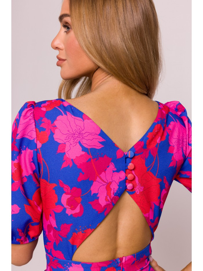 Floral Maxi Dress with Slit – Puff Sleeve Evening Gown, Open Back Summer Outfit, Boho Wedding Guest Dress | MILOT