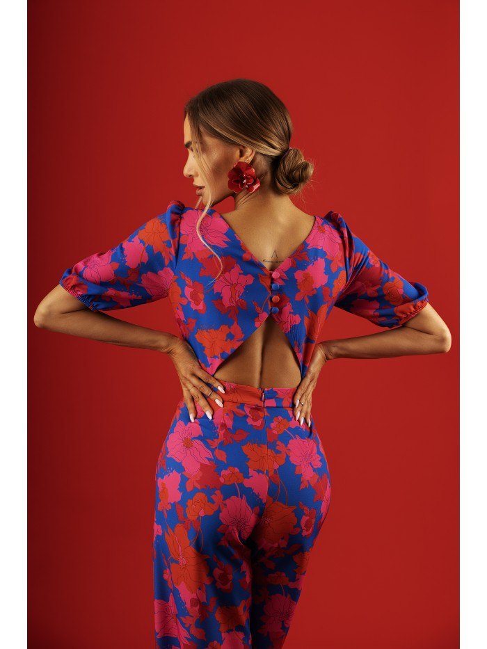 Floral Puff Sleeve Jumpsuit – Elegant Wide Leg Romper with Back Cut-Out