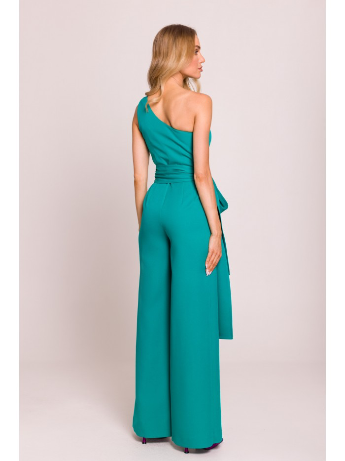 One-Shoulder Wide-Leg Jumpsuit with Sash: Elegant Evening Suit