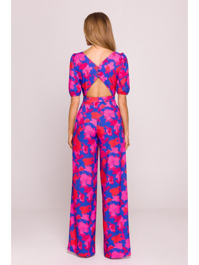 Floral Puff Sleeve Jumpsuit – Elegant Wide Leg Romper with Back Cut-Out