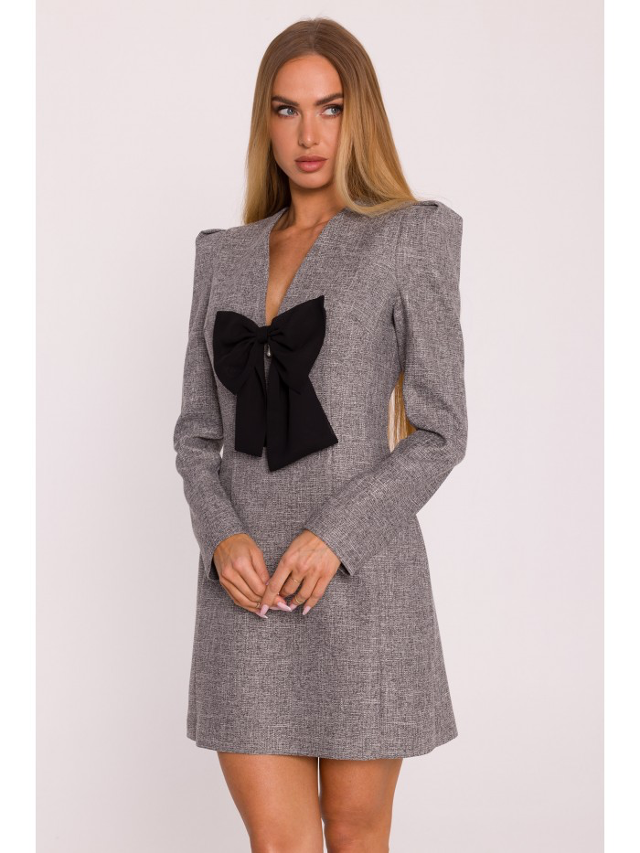Elegant Pink Tweed Mini Dress with Black Bow – Structured Long Sleeve Evening Dress