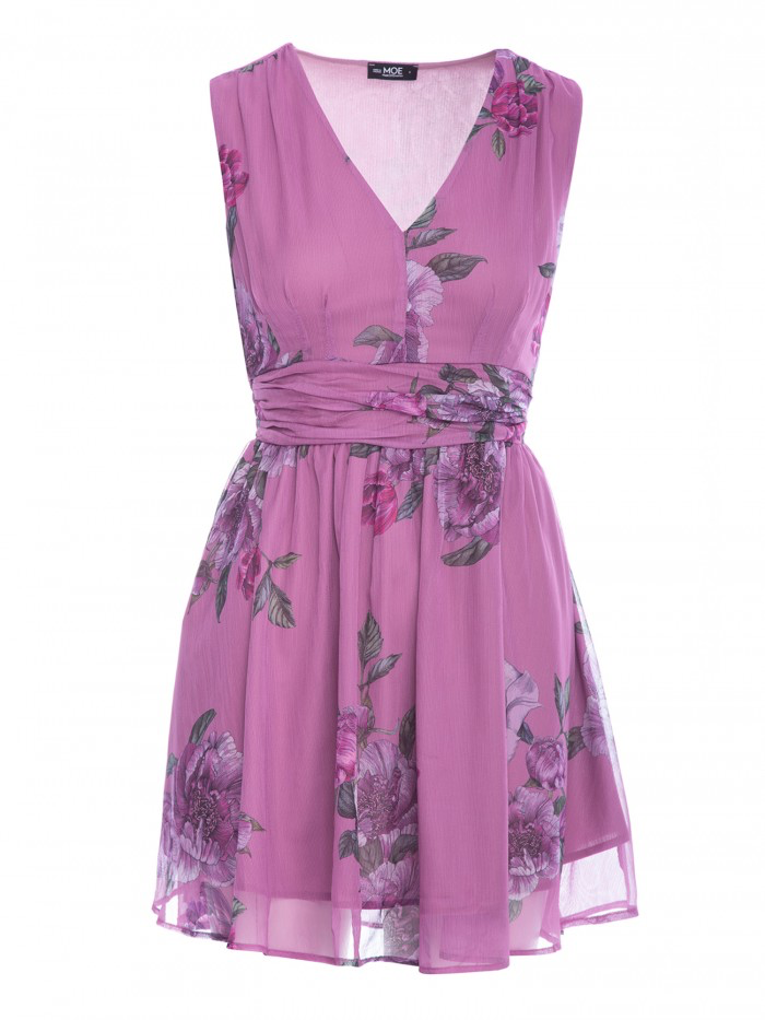 Floral Chiffon mini Dress with Slit: Bridesmaid V-Neck Gown
