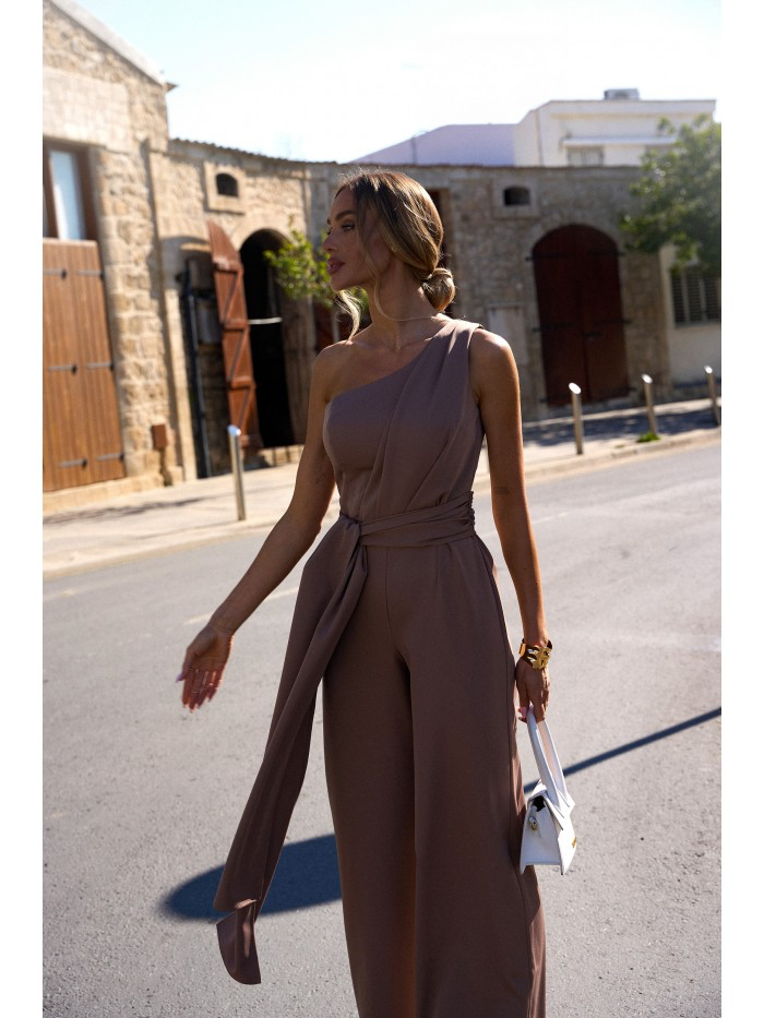 One-Shoulder Wide-Leg Jumpsuit with Sash: Elegant Evening Suit