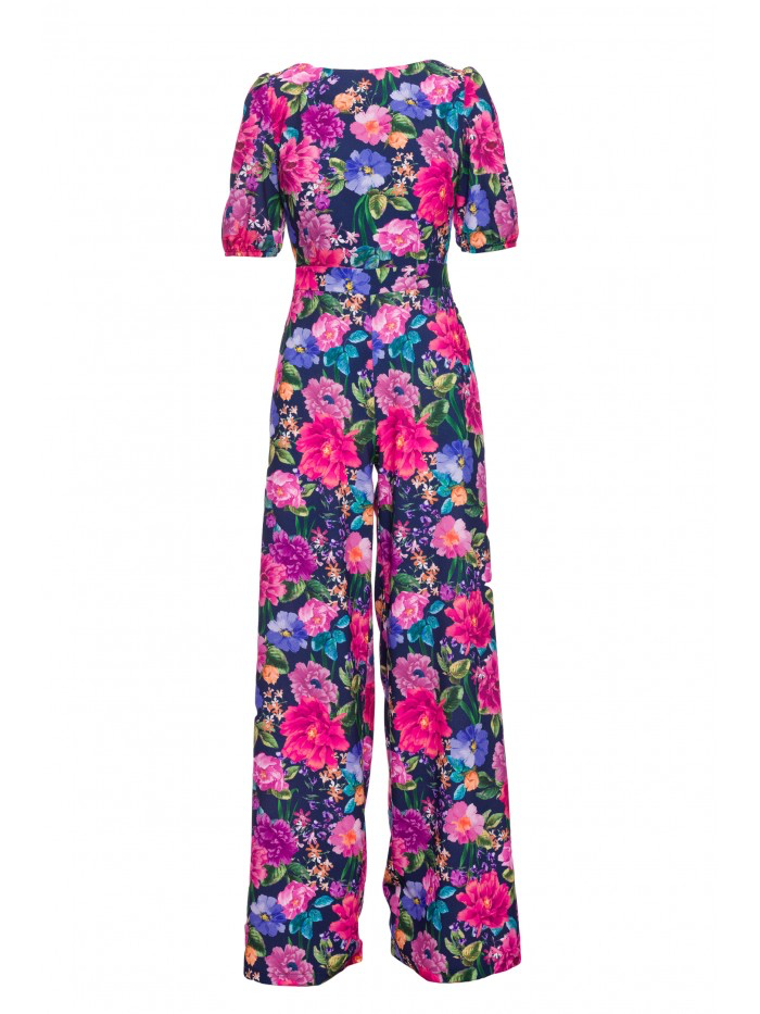 Floral Puff Sleeve Jumpsuit – Elegant Wide Leg Romper with Back Cut-Out