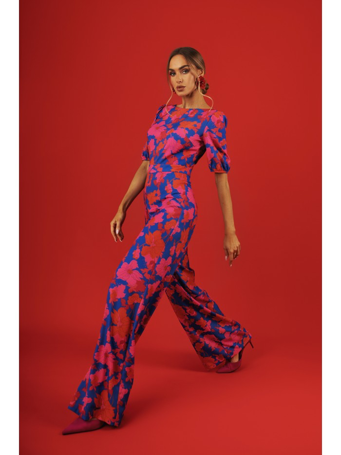 Floral Puff Sleeve Jumpsuit – Elegant Wide Leg Romper with Back Cut-Out