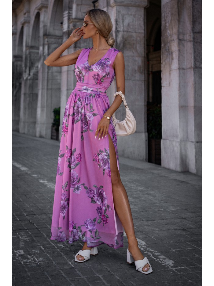 Floral Chiffon Maxi Dress with Slit: Bridesmaid V-Neck Gown