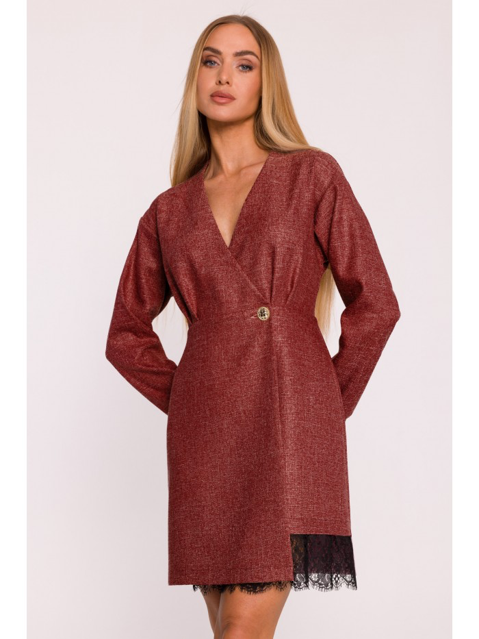 Wrap Tweed Mini Dress with Lace Details – Elegant Long Sleeve Dress