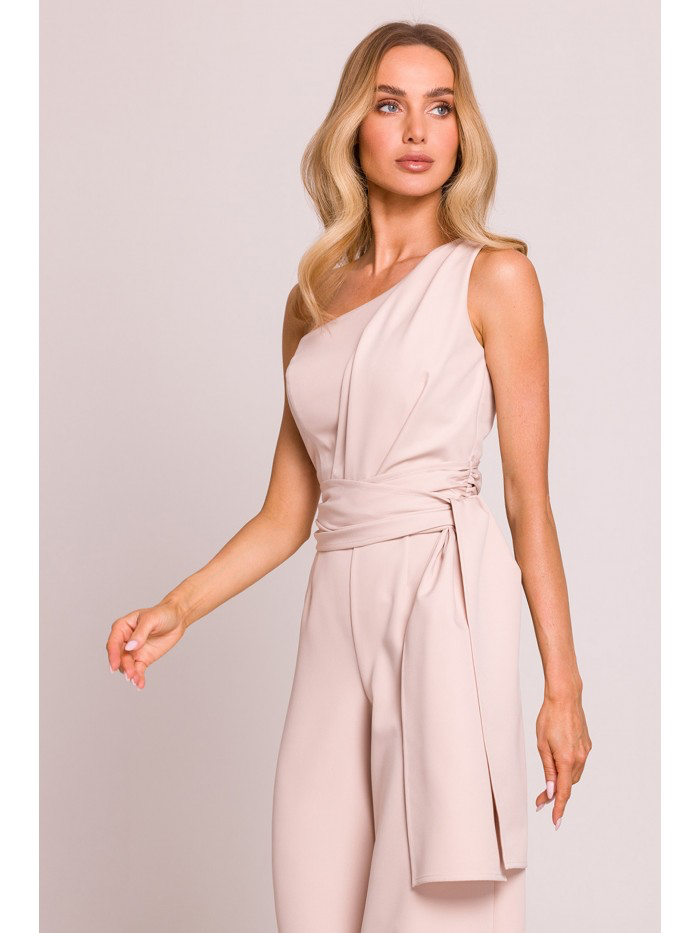 One-Shoulder Wide-Leg Jumpsuit with Sash: Elegant Evening Suit