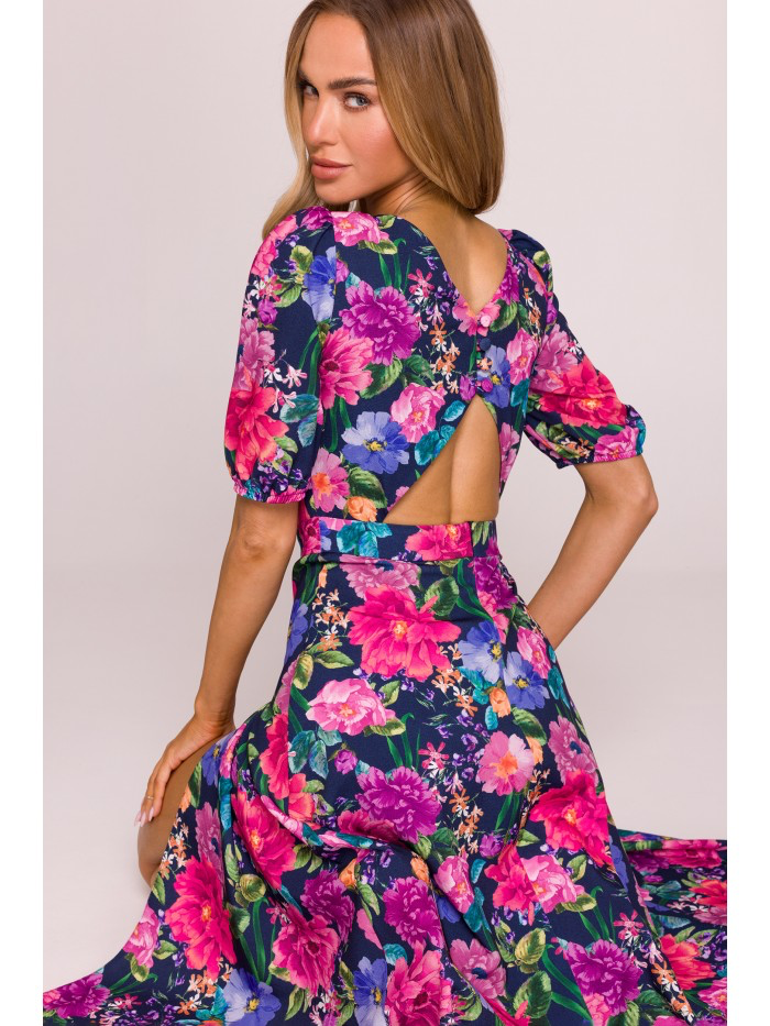 Floral Maxi Dress with Slit – Puff Sleeve Evening Gown, Open Back Summer Outfit, Boho Wedding Guest Dress | MILOT