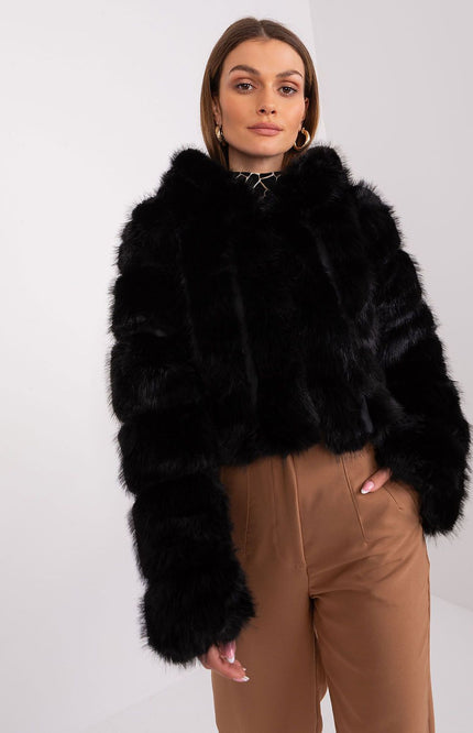 Luxurious black faux fur jacket for women – warm and stylish winter outerwear.