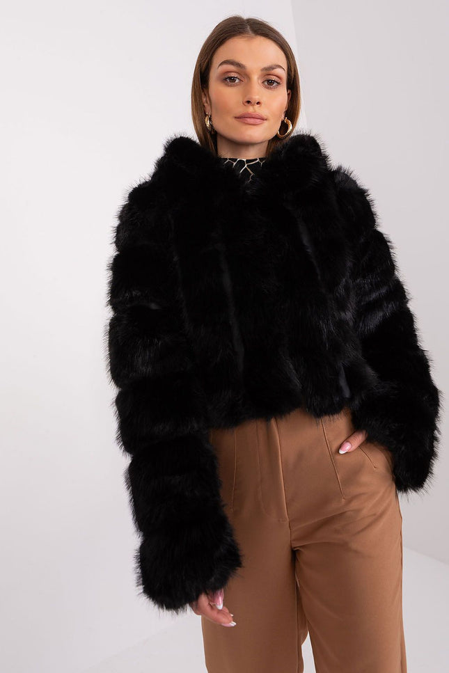 Luxurious black faux fur jacket for women – warm and stylish winter outerwear.