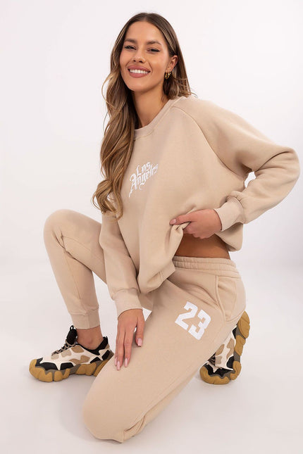 Beige women’s tracksuit set with embroidered details – cozy loungewear for moms