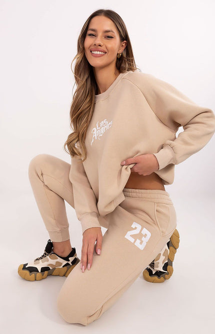 Beige women’s tracksuit set with embroidered details – cozy loungewear for moms