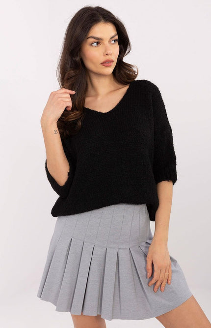 Black color short sleeve knit sweater with V-neck for women