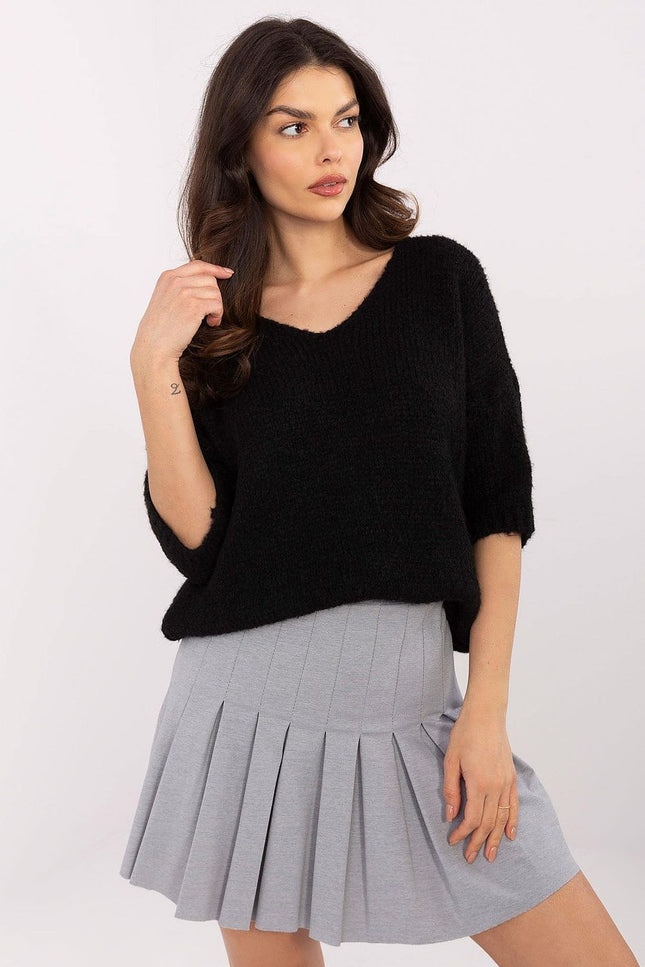 Black color short sleeve knit sweater with V-neck for women