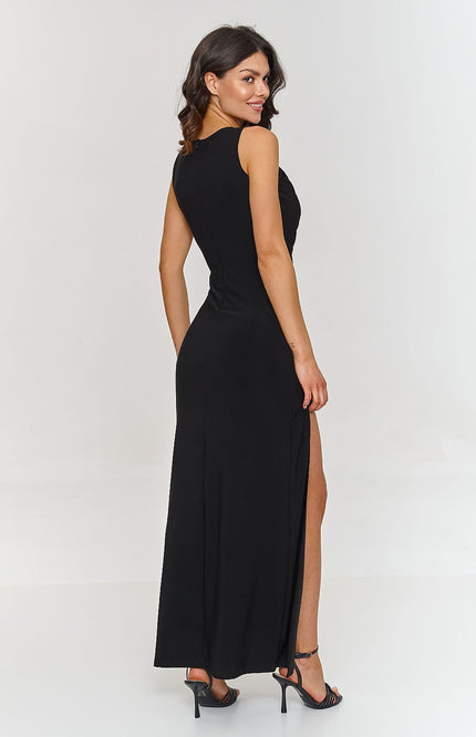 Elegant Ruched Maxi Cocktail Dress with Side Slit – Wedding Guest, Evening Gown, Beige or Black Formal Dress for Women 2025