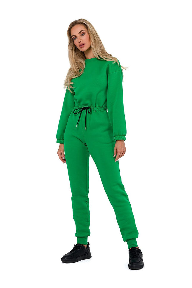 Women’s tailored green jumpsuit – zippered front with adjustable waist tie