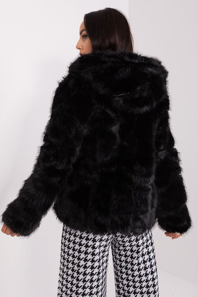 Black plush faux fur jacket with high collar and soft texture.